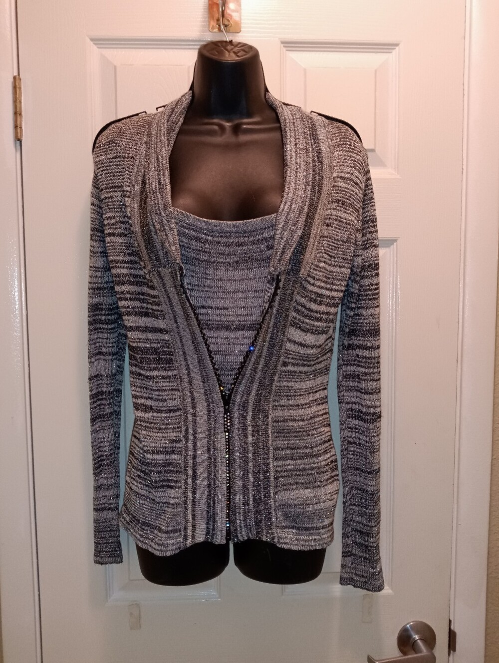 Belldini 2pc Set Shimmer Silver Striped Open-Front Tank & Sweater Cardigan